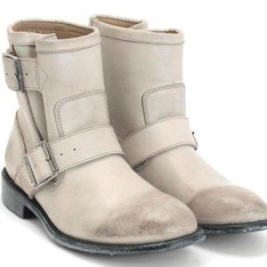 Fluevog "Living Mona" Pebbled Leather Engineer boot in Chalk.